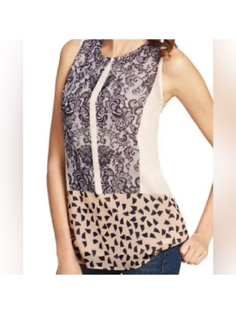 Cabi Animal Print Sleeveless Tunic Blouse Cream Tan Gray Medium